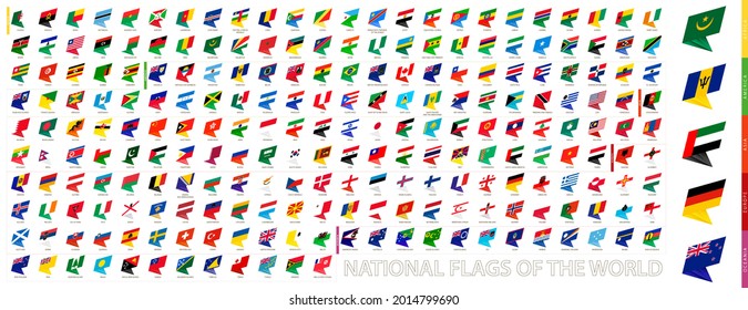 National flags of the world in an abstract modern design, flags sorted by continent and alphabetically. Vector collection.