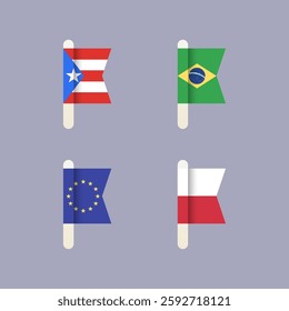 National flags of the world, European union, Poland, Federative Republic of Brazil, Puerto Rico, set flat vector icons