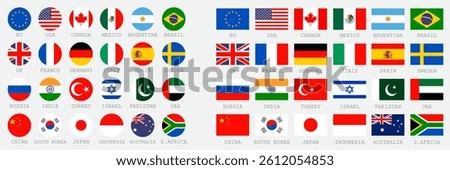 National flags of the world with names. Country round shape flags collection.