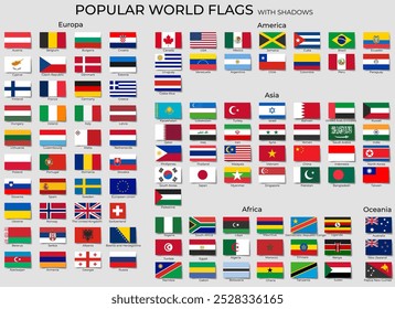 National flags of the world with shadows, official RGB coloring and detailed emblems. Popular world flags set.