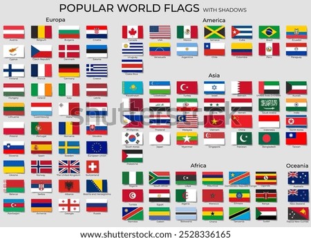National flags of the world with shadows, official RGB coloring and detailed emblems. Popular world flags set.