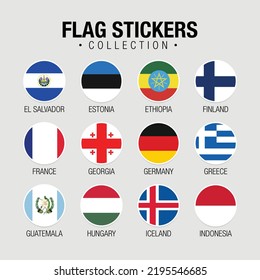 National Flags Of The World Stickers With Names. Circled Flags, Circular Design Stickers.