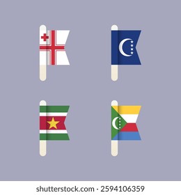 National flags of the world, Union of the Comoros, Grande Comore, Suriname, Naval Ensign of Tonga, set flat vector icons