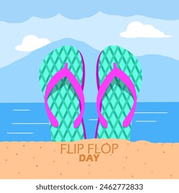 National Flip Flop Day event banner. A pair of flip flop on the beach sand with a sea view to celebrate on May