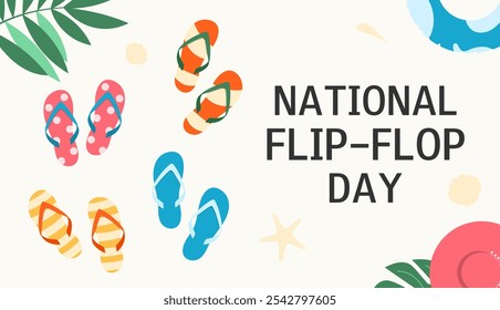 Dia Nacional do Flip Flop. Fundo de verão horizontal com flip flops. Design para cartão de saudação, banner, cartaz, folheto, plano de fundo. Ilustração vetorial.