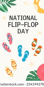 Dia Nacional do Flip Flop. Fundo de verão vertical com flip flops. Design para cartão de saudação, banner, cartaz, folheto, plano de fundo. Ilustração vetorial.