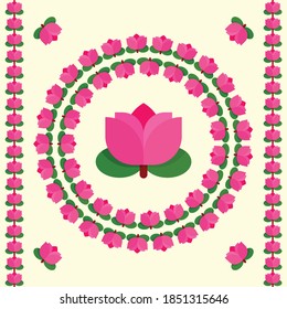 National Flower of India, Sacred Lotus, Water Lily aka Nelumbo Nucifera, Egyptian bean of India, Arranged in a Circular Mandala style with Flat Material Colors & Form, like Motif on a Hindu Temple.