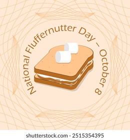 El Día Nacional de la Fluffernutter celebra el 8 de octubre el evento de Anuncio de alimentos. Pan de sándwich con relleno de malvavisco y mantequilla de maní sobre fondo de crema ligera