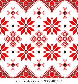 National folklore bulgarian balkan embroidery style red and black ornamental seamless vector pattern