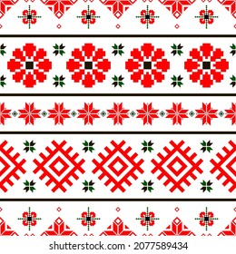 National folklore bulgarian balkan embroidery style red, green and black ornamental seamless vector pattern