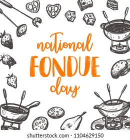 National fondue day. Traditional swiss dish. Hand drawn vector illustration. Can be used for farmers market, food festival, menu, cafe, restaurant, bar, poster, banner, emblem, sticker, logo, label.