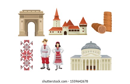 National Food, Architecture And Culture Of Romania Vector Illustration Set Isolated On White Background