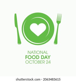 National Food Day poster with plate and cutlery green icon vector. Green plate with heart symbol vector. Food Day Poster, October 24. Important day