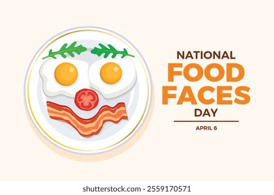 National Food Faces Day poster vector illustration. Fried eggs and bacon on a plate icon vector. Template for background, banner, card. April 6 every year. Important day