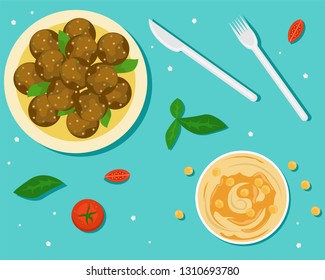 National food of Israel. Flat vector illustration. The view from the top. Falafel and Hummus.