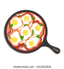 National food of Israel. Flat vector illustration. The view from the top. Shakshouka