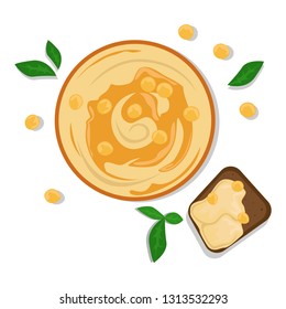 National food of Israel. Flat vector illustration. The view from the top. Hummus.