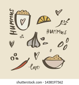 National food of Israel. Hand drawn vector illustration. Hummus ingredients.