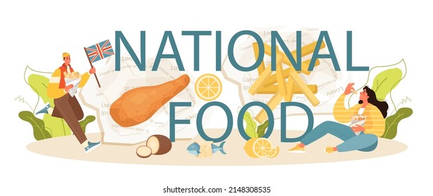 National food typographic header. British deep-fried fish and chips fast food. Sea food and potatoes for snack. England takeaway food. Flat vector illustration