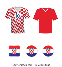 National football shirt of the Croatia national team. Set of football T-shirts and flags of the national team of Croatia. Vector illustration.