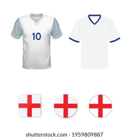 National football shirt of the England national team. Set of football T-shirts and flags of the national team of England. Vector illustration.