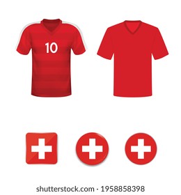 National football shirt of the Switzerland national team. Set of football T-shirts and flags of the national team of Switzerland. Vector illustration.