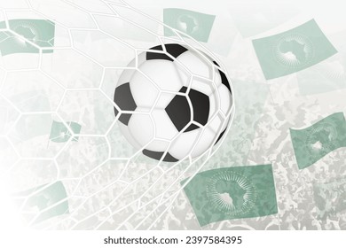National Football team of African Union scored goal. Ball in goal net, while football supporters are waving the African Union flag in the background. Vector illustration.
