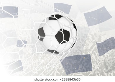 National Football team of Alaska scored goal. Ball in goal net, while football supporters are waving the Alaska flag in the background. Vector illustration.