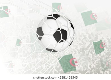 National Football team of Algeria scored goal. Ball in goal net, while football supporters are waving the Algeria flag in the background. Vector illustration.