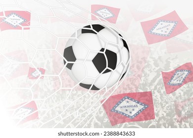 National Football team of Arkansas scored goal. Ball in goal net, while football supporters are waving the Arkansas flag in the background. Vector illustration.