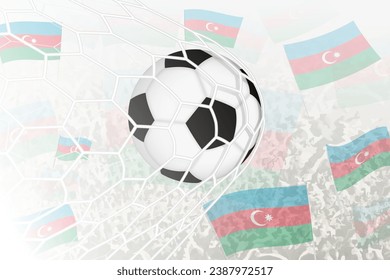 National Football team of Azerbaijan scored goal. Ball in goal net, while football supporters are waving the Azerbaijan flag in the background. Vector illustration.