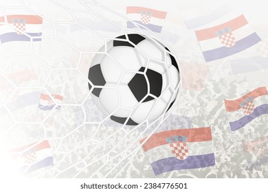 La selección nacional de fútbol de Croacia anotó un gol. Balas en la red de gol, mientras los hinchas del fútbol ondean la bandera de Croacia al fondo. Ilustración vectorial.