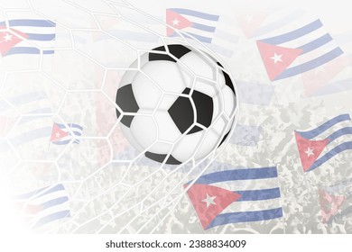 National Football team of Cuba scored goal. Ball in goal net, while football supporters are waving the Cuba flag in the background. Vector illustration.