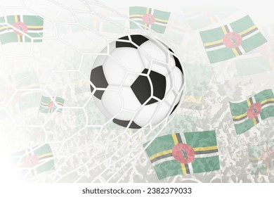 National Football team of Dominica scored goal. Ball in goal net, while football supporters are waving the Dominica flag in the background. Vector illustration.