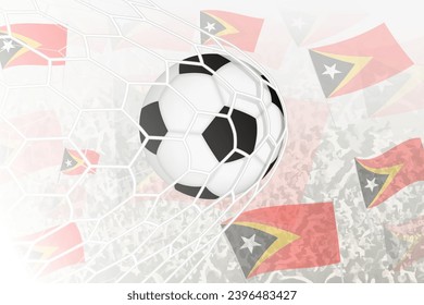 National Football team of East Timor scored goal. Ball in goal net, while football supporters are waving the East Timor flag in the background. Vector illustration.