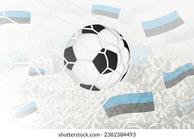 National Football team of Estonia scored goal. Ball in goal net, while football supporters are waving the Estonia flag in the background. Vector illustration.
