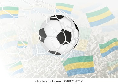 National Football team of Gabon scored goal. Ball in goal net, while football supporters are waving the Gabon flag in the background. Vector illustration.