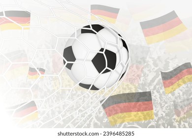 Die deutsche Fußballnationalmannschaft hat Tor geschossen. Ball im Tore-Netz, während Fußballfans die deutsche Flagge im Hintergrund winkten. Vektorgrafik.