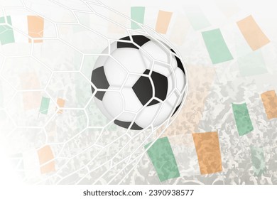 National Football team of Ireland scored goal. Ball in goal net, while football supporters are waving the Ireland flag in the background. Vector illustration.
