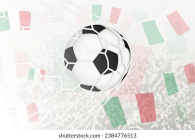 National Football team of Italy scored goal. Ball in goal net, while football supporters are waving the Italy flag in the background. Vector illustration.