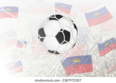 National Football team of Liechtenstein scored goal. Ball in goal net, while football supporters are waving the Liechtenstein flag in the background. Vector illustration.