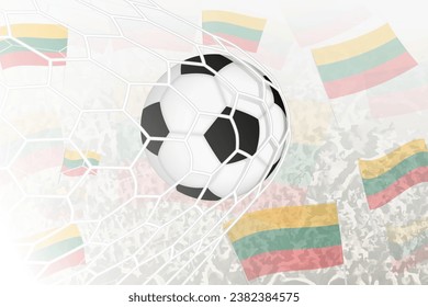 National Football team of Lithuania scored goal. Ball in goal net, while football supporters are waving the Lithuania flag in the background. Vector illustration.