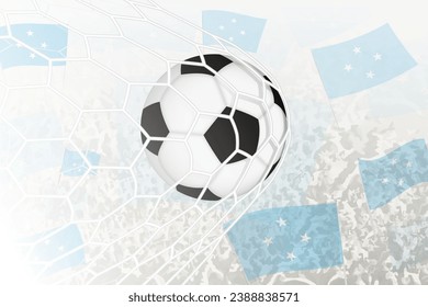 National Football team of Micronesia scored goal. Ball in goal net, while football supporters are waving the Micronesia flag in the background. Vector illustration.