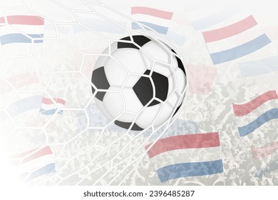 National Football team of Netherlands scored goal. Ball in goal net, while football supporters are waving the Netherlands flag in the background. Vector illustration.