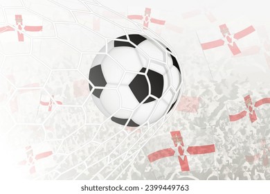 National Football team of Northern Ireland scored goal. Ball in goal net, while football supporters are waving the Northern Ireland flag in the background. Vector illustration.