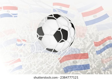 National Football team of Paraguay scored goal. Ball in goal net, while football supporters are waving the Paraguay flag in the background. Vector illustration.