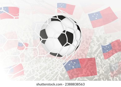 National Football team of Samoa scored goal. Ball in goal net, while football supporters are waving the Samoa flag in the background. Vector illustration.