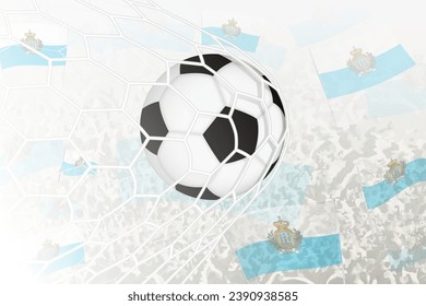 National Football team of San Marino scored goal. Ball in goal net, while football supporters are waving the San Marino flag in the background. Vector illustration.