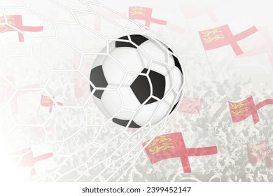 National Football team of Sark scored goal. Ball in goal net, while football supporters are waving the Sark flag in the background. Vector illustration.