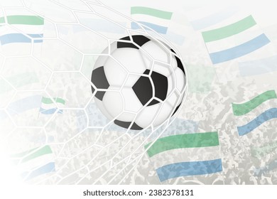 National Football team of Sierra Leone scored goal. Ball in goal net, while football supporters are waving the Sierra Leone flag in the background. Vector illustration.